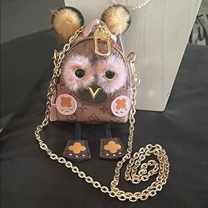 Brown and Pink Owl Cross Body Fashion Backpack Purse